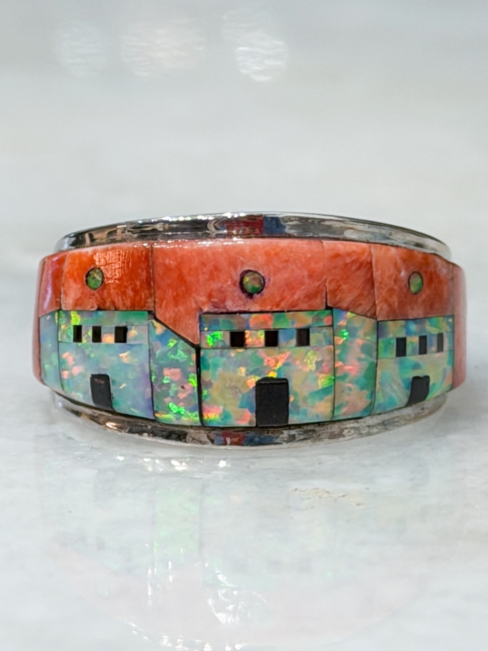 Southwestern Style Multigemstone Abobe/Pueblo Village Sterling Silver Ring Sz 8
